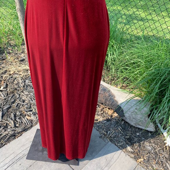 Vintage 90s Red Velvet Maxi Slip Dress Square Neck Glitter Side Slit Long Gown - Picture 10 of 16
